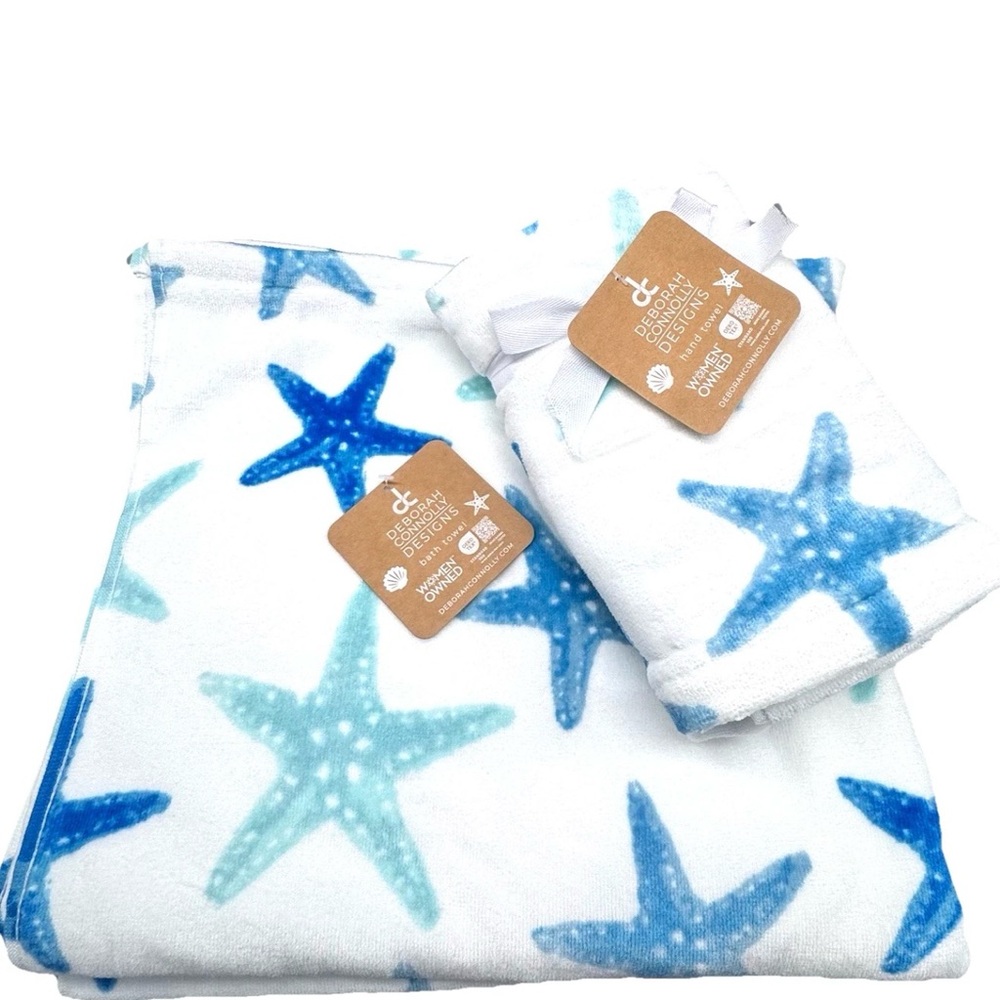 Deborah Connolly Designs Blue Turquoise Starfish Set 2 Bath 2 Hand Towels 4pc